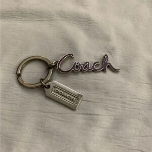 Coach Cursive Name Logo Plate Keychain Purple Silvertone